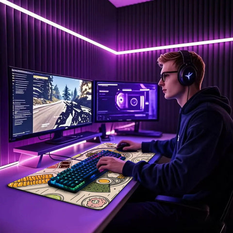 Gamer using PC on Japanese Ramen Themed XXL Gaming Mouse Pad 31.5 by 15.7 Inches with Illustrated Food Pattern in a purple-lit room.