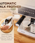 Smash Your Daily Grind With This Straight Up Smooth All In One Espresso And Cappuccino Coffee Maker Featuring A Built In Milk Frother Steam Wand For Creamy Lattes Plus Easy Auto Clean Features For Zero Hassle Home Brewing Sessions. Automatic milk frother in use with detachable reservoir on espresso machine.