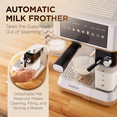 Smash Your Daily Grind With This Straight Up Smooth All In One Espresso And Cappuccino Coffee Maker Featuring A Built In Milk Frother Steam Wand For Creamy Lattes Plus Easy Auto Clean Features For Zero Hassle Home Brewing Sessions. Automatic milk frother in use with detachable reservoir on espresso machine.