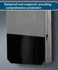 Outdoor EV Charger Rig With Secured Key Lock, Floor Standing Pedestal, Beefy Cold Rolled Steel And Tempered Glass Cover, Weather Resistant Ground Mount Box, Nifty Cable Storage Channel For Parking Lots mounted on wall with rain protection features.