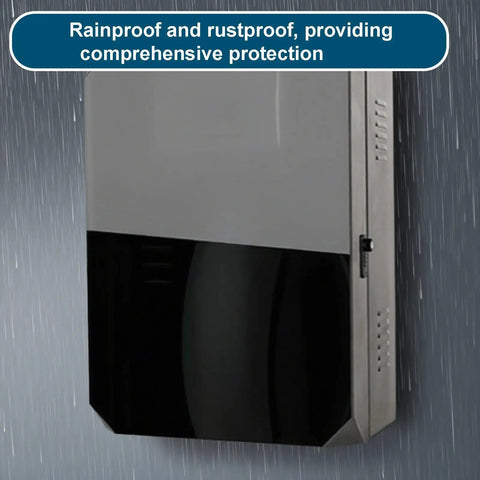 Outdoor EV Charger Rig With Secured Key Lock, Floor Standing Pedestal, Beefy Cold Rolled Steel And Tempered Glass Cover, Weather Resistant Ground Mount Box, Nifty Cable Storage Channel For Parking Lots mounted on wall with rain protection features.