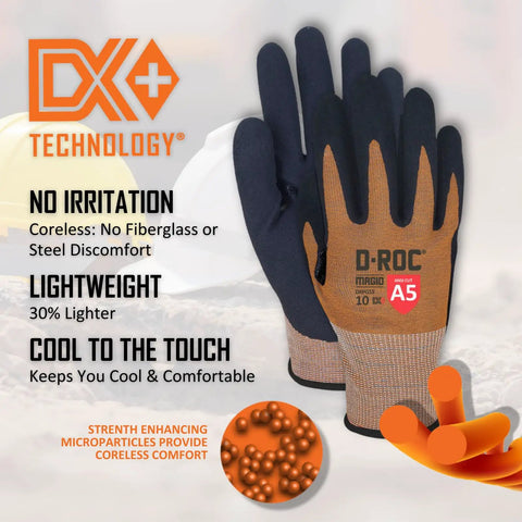 Dx Plus Technology VersaTek Grip Work Gloves ANSI A5 Cut Protection For Heavy Duty Trade Pros, durable design displayed