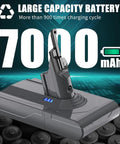 Upgraded 9000 Mah Rechargeable Battery Replacement For Dyson V8 Absolute Animal SV10 Vacuum Cleaners Includes Five Filters And Hardware Kit, showing 7000mAh battery.