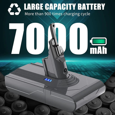 Upgraded 9000 Mah Rechargeable Battery Replacement For Dyson V8 Absolute Animal SV10 Vacuum Cleaners Includes Five Filters And Hardware Kit, showing 7000mAh battery.