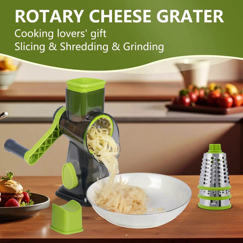 Ultimate Hand Crank Cheese Grater With Three Interchangeable Stainless Steel Drums For Cheese, Vegetables, And Fruits, Stable Suction Base For Easy Rotary Operation, Green Kitchen Must Have Chef Kiss hand crank rotary grater with stainless drum on countertop