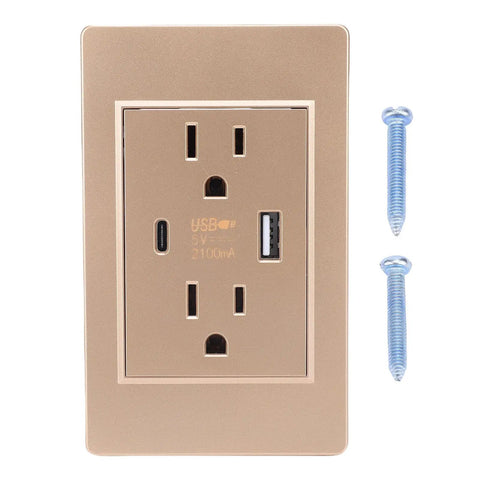Slick Minimalist Wall Outlet Featuring Built Different Flame Retardant Housing And Straight Up Reliable Overload Protection Crafted To Fit Right In Your Home Office Setup. Smooth gold faceplate with USB ports and screws.