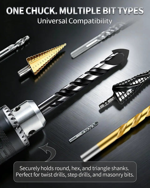 Half Inch Keyed Drill Chuck Adapter Kit for Impact Wrench and SDS Plus displayed with multiple drill bits.
