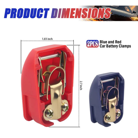 Smart Copper Battery Clamps With Quick Release No Fuss On Off For A Secure Connection Water And Dust Resistant Car Battery Clamps Universal Fit Durable Car Accessories Easy Install, red clamp 2.7 inches, blue clamp 1.83 inches.