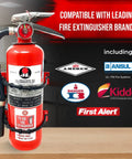 Beefy Rugged Heavy Duty Fire Extinguisher Mounting Bracket For 2.5 Lb And 5 Lb Extinguishers, Easy Install Wall Mount For Car Boat Or Off Road, Fits Most Brands, Pack Of 2 shown with branded fire extinguisher