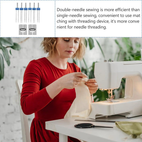 Woman using sewing machine with stainless steel twin needles with pintuck presser foot for sewing machines heavy duty multi function needles