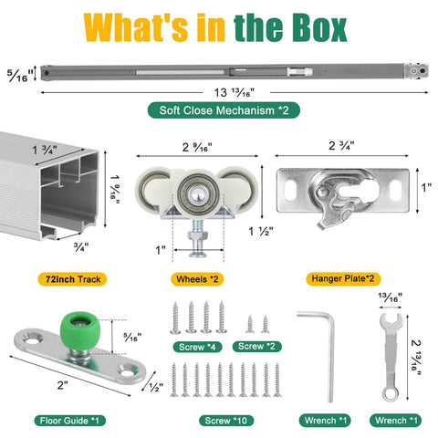 Pocket Door Hardware Kit With Soft Close And Soft Open, Smooth Sliding 72 Inch Door Rail Set, kit components display