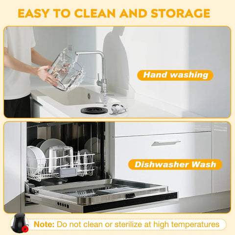 Turnrise Electric Chicken Shredder Tool with Double S-Blades shown being washed by hand and in a dishwasher for easy cleaning.