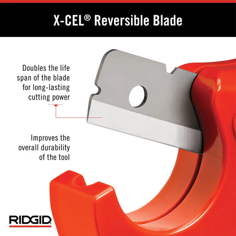 Close-up of reversible blade for PC 1250 Single Stroke Plastic Pipe Cutter showing durability and cutting power.