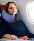 Woman using Monet Water Lilies Travel Neck Pillow With Washable Cover Memory Foam Support Cushion on airplane