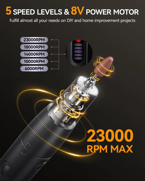 No Sweat Cordless Rotary Tool 8V With Auto Lock Chuck 5 Speeds 23000 RPM showing speed settings and motor details.