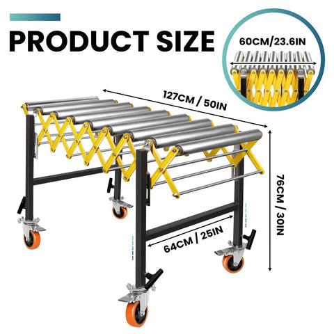 Heavy Duty 1000 Lbs Adjustable Roller Conveyor Table 25 Inches Wide With Stainless Steel Rollers Height 30 To 50 Inches Expandable Flexible System, product dimensions displayed