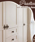 Antique Brass Cabinet Knobs Set With Backplates Flower Shape Vintage Drawer Pulls on white wardrobe.
