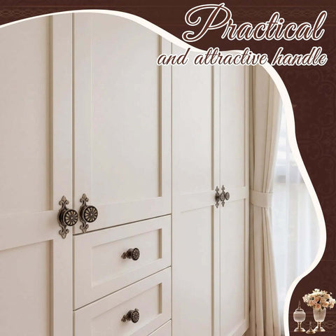 Antique Brass Cabinet Knobs Set With Backplates Flower Shape Vintage Drawer Pulls on white wardrobe.