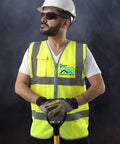 Custom Printed High Visibility Safety Vest In Vivid Yellow With Reflective Striping For Road Crews And Construction Teams Hella Bright Job Site Workwear Size X Large modeled by a worker with a shovel.
