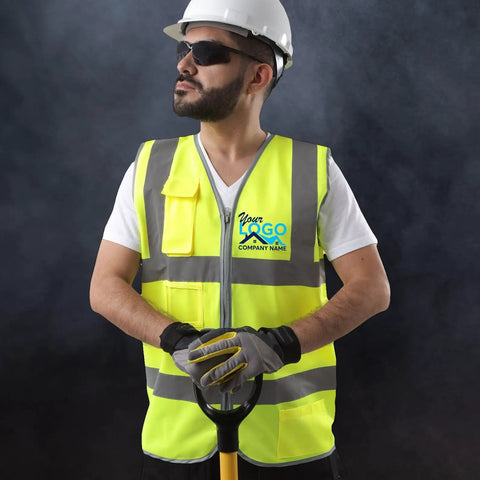 Custom Printed High Visibility Safety Vest In Vivid Yellow With Reflective Striping For Road Crews And Construction Teams Hella Bright Job Site Workwear Size X Large modeled by a worker with a shovel.