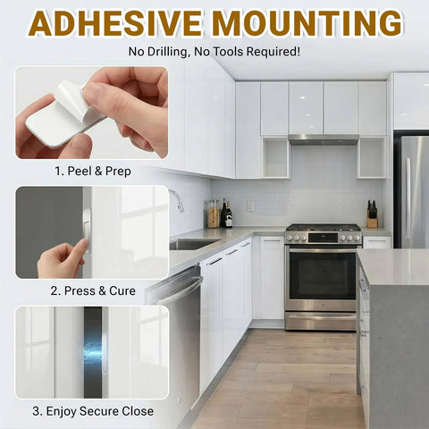 Ultra Slim Magnetic Cabinet Latch Kit 10 Pack Self Adhesive Drawer Magnets installation process in a modern kitchen