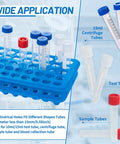 Plastic Test Tube Rack With Silicone Pad For 5mL 10mL And 15mL Vials 50 Hole Detachable Lab Tube Holder, shown with various tubes.