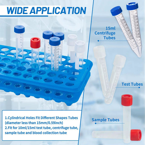 Plastic Test Tube Rack With Silicone Pad For 5mL 10mL And 15mL Vials 50 Hole Detachable Lab Tube Holder, shown with various tubes.
