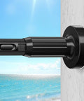 Black Heavy Duty Tension Curtain Rod 41 To 86 Inches No Drilling Easy Install, shown against marble wall with ocean in background