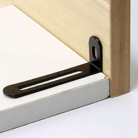 Heavy Duty Black L Brackets For Garage Shelving Rock Solid Adjustable Right Angle Corner Fasteners With Complete Screw Set Killer Strength Corner Brace Support 10 Pack showing a close-up view of the bracket installed on wood.