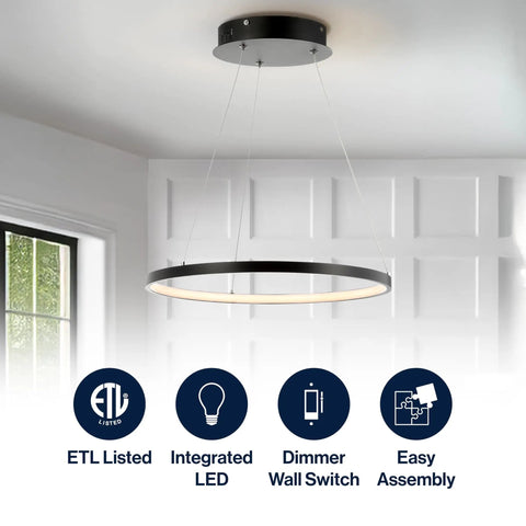 Matte Black Modern Integrated LED Pendant Light With Dimmable Round Hoop Chandelier for Kitchen Island and Dining Room Ceiling