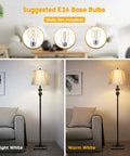 Retro Chic Classic Floor Lamp With Bronze Fabric Shade in living room, showcasing daylight and warm light settings, E26 bulb suggestions.