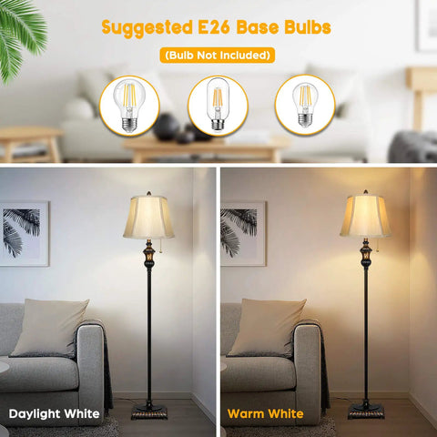 Retro Chic Classic Floor Lamp With Bronze Fabric Shade in living room, showcasing daylight and warm light settings, E26 bulb suggestions.
