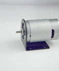 CHANCS motor mounting bracket with fixed base; silver DC motor on black plate with mounting holes and exposed shaft