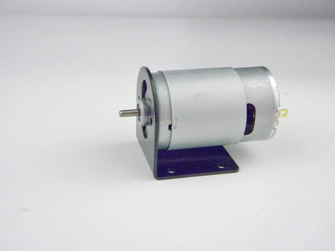 CHANCS motor mounting bracket with fixed base; silver DC motor on black plate with mounting holes and exposed shaft