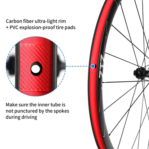 Ultralight 700C Carbon Road Wheelset with carbon fiber rim and PVC tire pads ensuring durability and safety, center lock disc brake.