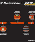 Heavy Duty Aluminum Box Level 48 Inch Orange For Pros showing features like Glo-View, vials, and rubberized handgrip.