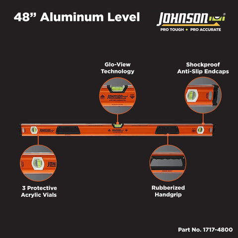 Heavy Duty Aluminum Box Level 48 Inch Orange For Pros showing features like Glo-View, vials, and rubberized handgrip.