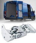 Heavy Duty Rear Door Hinge For Driver Side Crafted From Premium High Strength Steel Alloy showing hinge detail against blue van background.