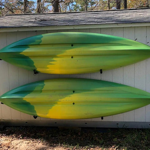 Two kayaks on Heavy Duty Garage Storage Hooks 15 Inch Jumbo Arm Kayak Wall Hangers 100 lb capacity Steel Canoe Rack For Indoor Outdoor Use