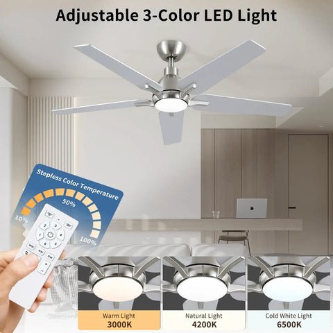 52 Inch Ceiling Fan With Lights And Remote, Brushed Nickel Finish, Quiet DC Motor, Six Speeds, 3CCT Dimmable in living room