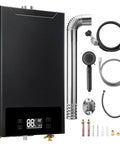 Propane Tankless Water Heater That Knocks It Out Of The Park Delivering Six Point Three Gpm And One Sixty Grand Btu, black finish with attached pipes and accessories.