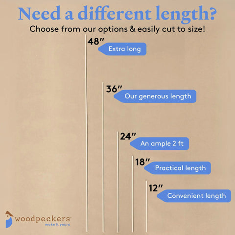 Image of wood dowel length options: 48", 36", 24", 18", 12" for various DIY projects with easy customization.