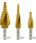Step Drill Bit Set 3 Pcs Titanium HSS Unibit Drill Bits With Aluminum Case For Sheet Metal 28 Hole Sizes Titanium Coated