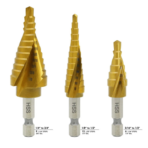 Step Drill Bit Set 3 Pcs Titanium HSS Unibit Drill Bits With Aluminum Case For Sheet Metal 28 Hole Sizes Titanium Coated