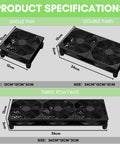 Product specifications for Quiet 120Mm Router Cooling Fan with dimensions for single, double, and triple fan setups.