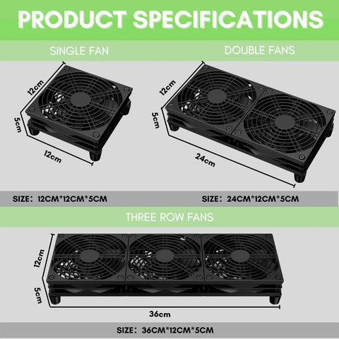 Product specifications for Quiet 120Mm Router Cooling Fan with dimensions for single, double, and triple fan setups.