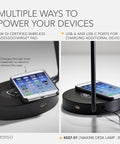 All-in-One Desk Lamp With Qi Wireless Charging Pad And USB Port, Matte Black Base with Phone Charging, Close-Up View