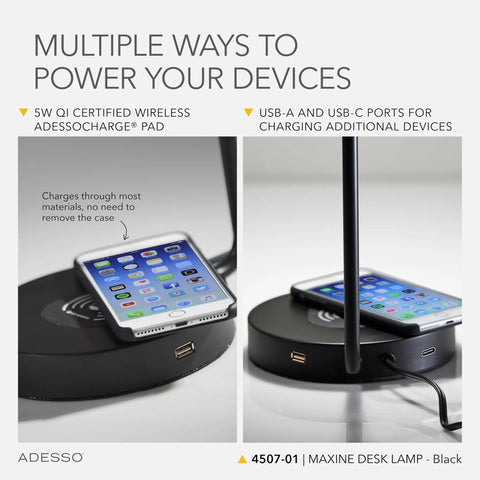 All-in-One Desk Lamp With Qi Wireless Charging Pad And USB Port, Matte Black Base with Phone Charging, Close-Up View
