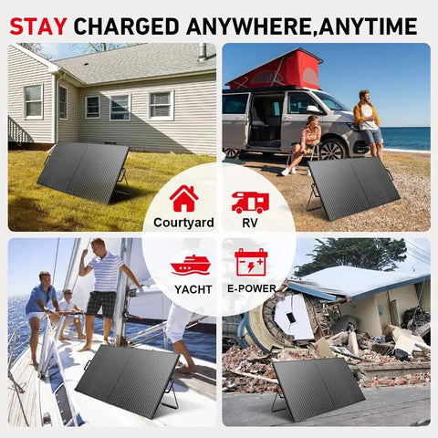 Collage showing 100W Portable Solar Panel Suitcase With Waterproof 10A Charge Controller used with RVs, yachts, and off-grid sites.