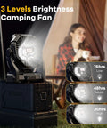 Ultra Quiet 30000mAh Portable Camping Fan With LED Light USB TypeC Rechargeable Battery Powered For Travel Tent Beach Car And Power Outages Essential Outdoor Gear displayed on a case with lighting settings.